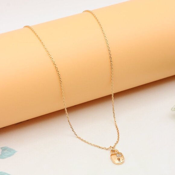 Rose Gold Plated Lock Pendant Necklace with Crystal Detail, XPNL0312 - Picture 10 of 13